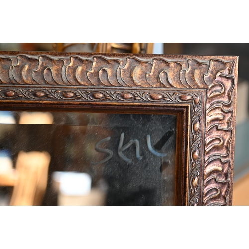 215 - Pair of wall mirrors with bevelled plates and bronzed moulded frames, 42 x 104 cm, to/w two other wa... 