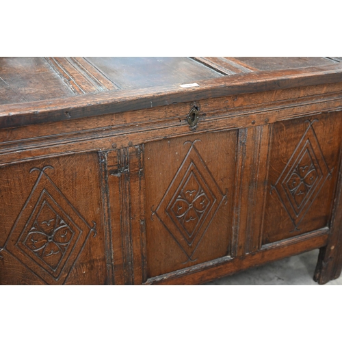 220 - An antique carved oak coffer, traditional panelled construction, 114 x 54 x 68 cm h