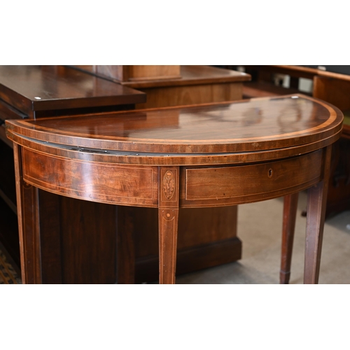 222 - A 19th century mahogany and satin banded demi lune card table with floral marquetry decoration, tape... 