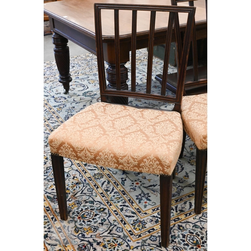 230 - A set of six 19th century mahogany lath-back dining chairs with gold damask fabric covered seats