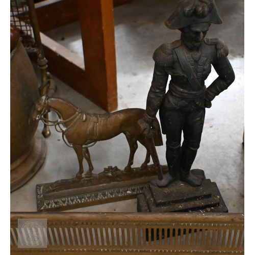 237 - Victorian cast iron 'Napoleon' doorstop, to/w an antique copper coal bucket, brass scuttle, spark gu... 