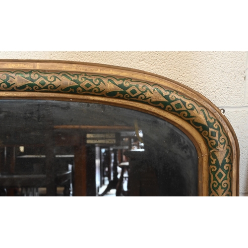 239 - Antique arched over-mantel mirror in green and gilt painted moulded frame, 110 x 80 cm