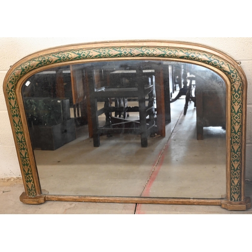 239 - Antique arched over-mantel mirror in green and gilt painted moulded frame, 110 x 80 cm