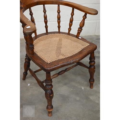 244 - Antique elm Captain's chair with caned seat and turned legs