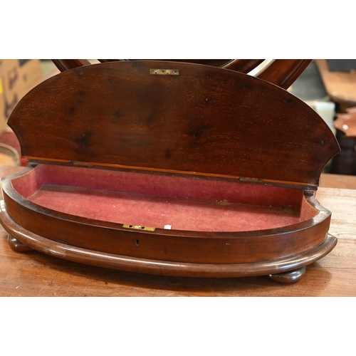 248 - Large Victorian oval mahogany framed dressing table mirror with vanity box platform base on bun feet... 