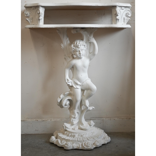 260 - A continental painted open twin-tier side table on cherub pedestal support standing on ornate platfo... 