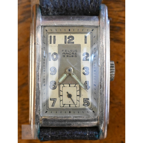 265 - Two gents 1930's/40's wrist watches; Felsus Ancre, gold plated/steel case, 15 jewel movement, gilt d... 