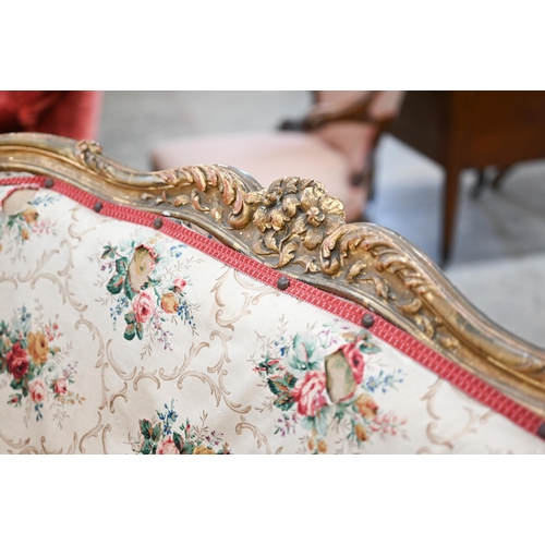 273 - Early 20th century French gilt framed salon settee, in Louis XV style, f/r, 116 x 50 x 100 cm h