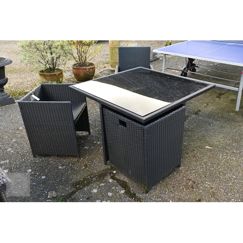 28 - A modern synthetic rattan all-weather garden cube table c/w two cube chairs and a single chair