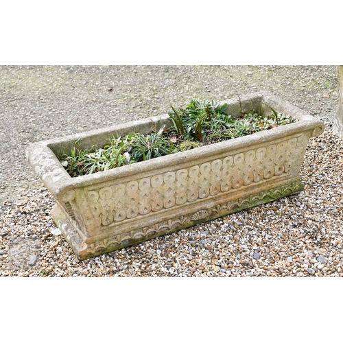 3 - A weathered three piece cast stone garden bench seat to/w a cast stone planter trough (2)