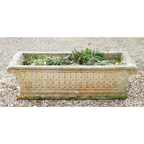 3 - A weathered three piece cast stone garden bench seat to/w a cast stone planter trough (2)