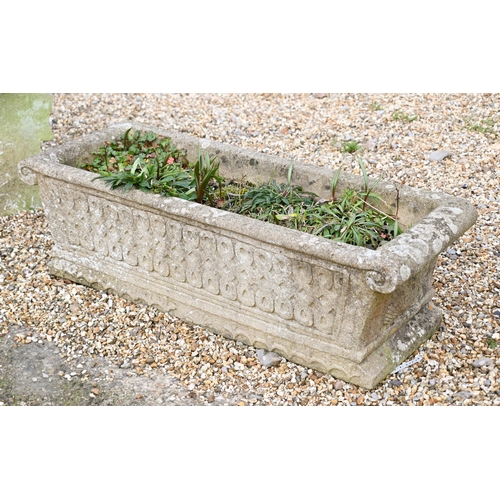 3 - A weathered three piece cast stone garden bench seat to/w a cast stone planter trough (2)