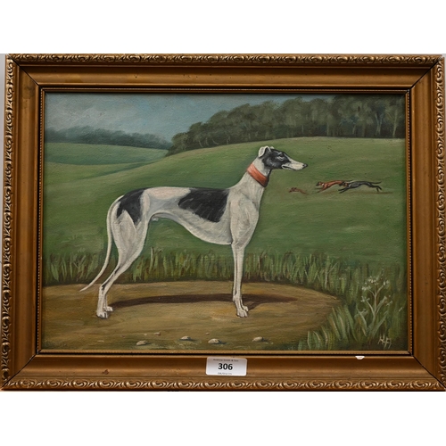 306 - Study of a greyhound, oil on canvas, 25 x 35 cm to/w B More - three oil on board landscapes (unframe... 