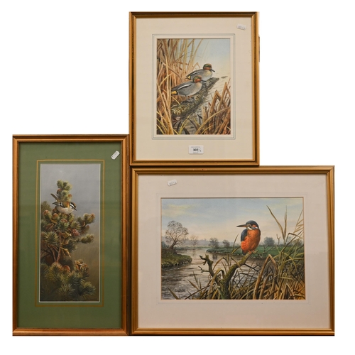 Carl Donner (b 1957) - Teal drakes, watercolour, signed, 25 x 19 cm; Kingfisher, watercolour, signed, 26 x 36 cm and Firecrest, acrylic, signed, 35 x 15 cm (3)