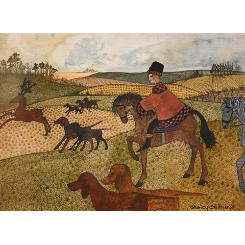 311 - Shirley Smithens - Hunting scene with lady on horseback and hounds, watercolour, signed, 17 x 24 cm