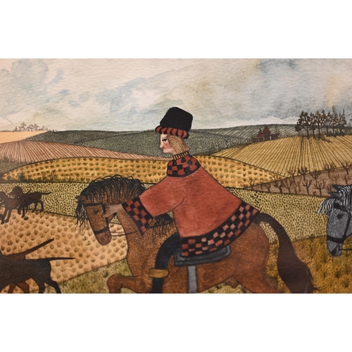 311 - Shirley Smithens - Hunting scene with lady on horseback and hounds, watercolour, signed, 17 x 24 cm