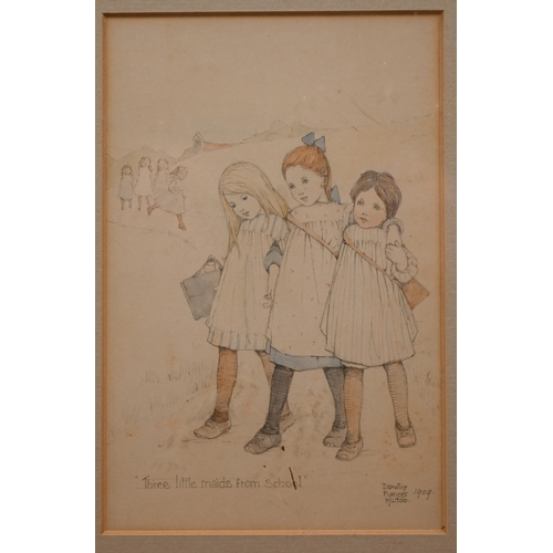 314 - Dorothy Frances Miltod - Three little maids from school, pencil, signed and dated 1909, 16 x 10.5 cm... 