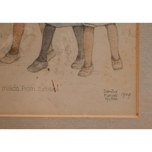 314 - Dorothy Frances Miltod - Three little maids from school, pencil, signed and dated 1909, 16 x 10.5 cm... 