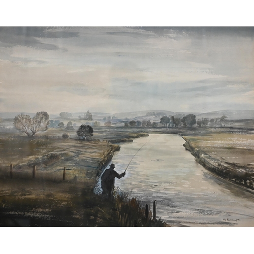 319 - Roy Beddington - Fisherman in an extensive river landscape, watercolour, signed, 46 x 58 cm