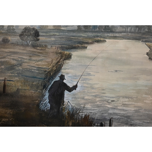 319 - Roy Beddington - Fisherman in an extensive river landscape, watercolour, signed, 46 x 58 cm