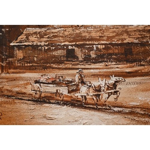 326 - Chezar - Two impasto oil on canvas landscapes, horse and carriage and a busy street, 59 x 120 cm (2)