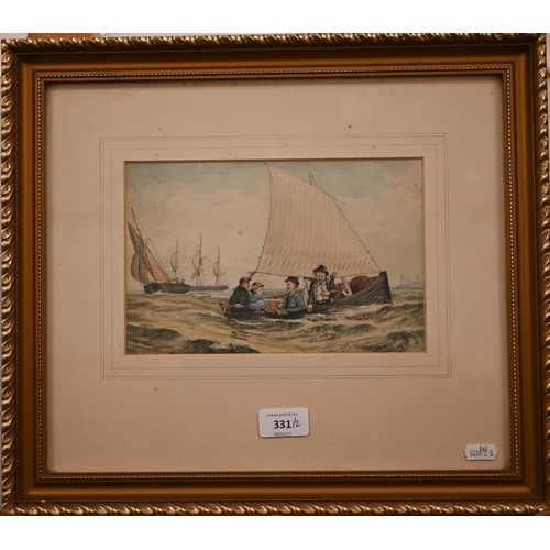 331 - Joe Carey - Passengers in a sailing boat, one looking decidedly sea sick, watercolour, signed and da... 