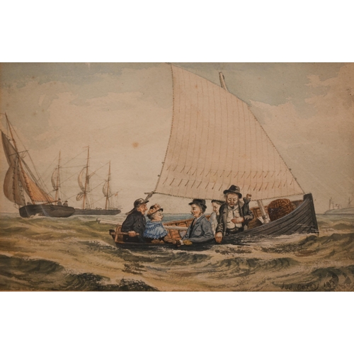 331 - Joe Carey - Passengers in a sailing boat, one looking decidedly sea sick, watercolour, signed and da... 