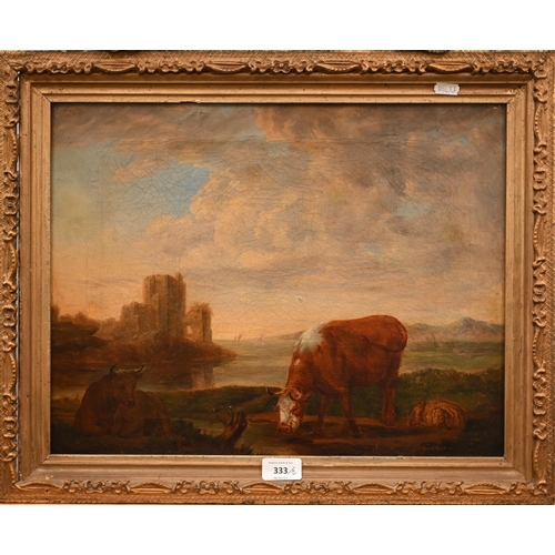 333 - 19th century English school - Cattle in a landscape, oil on canvas, 35 x 44 cm to/w T C Dibdin - wat... 