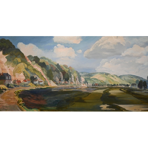 343 - G A Bradshaw - The Seine near Duclair, oil on board, 49 x 100 cm to/w five other various watercolour... 