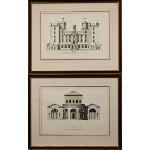 345 - Nineteen various architectural and classical furnishing prints/engravings and an etching of a Tamwor... 