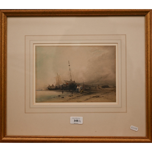 348 - F Frantz (1876-1945) - Beached boats, watercolour, signed, 17 x 24 cm to/w C H Baskett (1872-1953) -... 