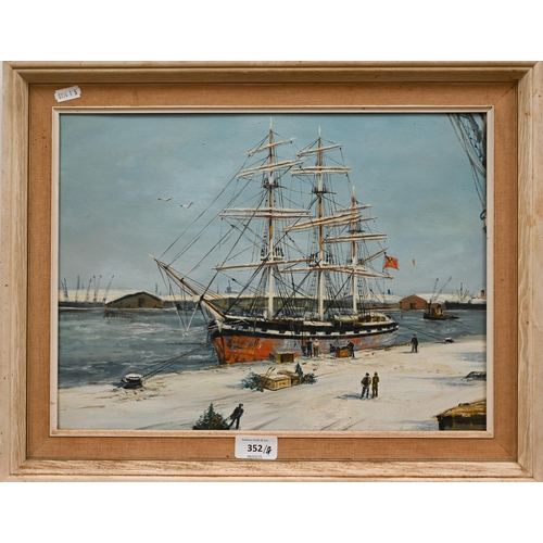 352 - Study of a three-masted ship at dock, oil on board, 29 x 39 cm to/w two American prints and four Lon... 