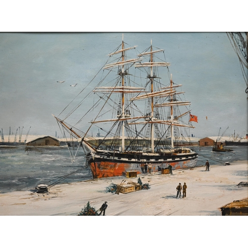 352 - Study of a three-masted ship at dock, oil on board, 29 x 39 cm to/w two American prints and four Lon... 