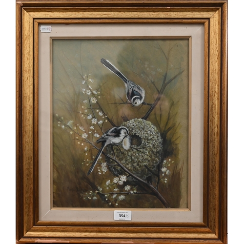 354 - Marjorie Blamey - birds on a blossom branch building a nest, oil on canvas, signed, 37 x 29 cm; Chur... 