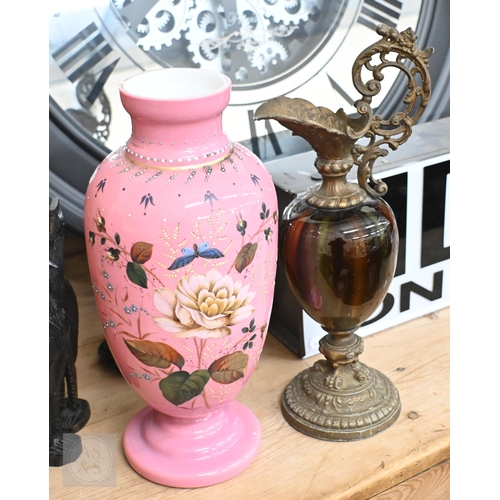 384 - Three Victorian pink cased glass vases, painted with flowers and insects, 36 cm high to/w a Dresden ... 