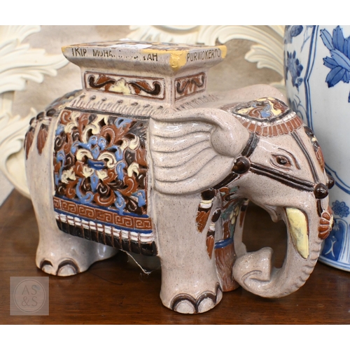 397 - An Asian cream-glazed pottery 'elephant' stool/plant-stand, 46 cm to/w a smaller example and a Chine... 