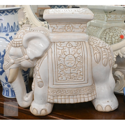 397 - An Asian cream-glazed pottery 'elephant' stool/plant-stand, 46 cm to/w a smaller example and a Chine... 