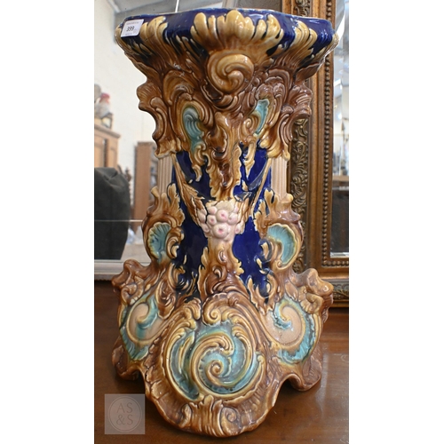 399 - Two majolica jardiniere stands, 54/56 cm high taller one repaired