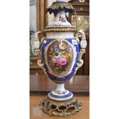 400 - A 19th century Continental porcelain lamp-base with gilt metal mounts and floral painted reserves, 4... 