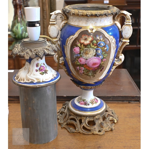 400 - A 19th century Continental porcelain lamp-base with gilt metal mounts and floral painted reserves, 4... 