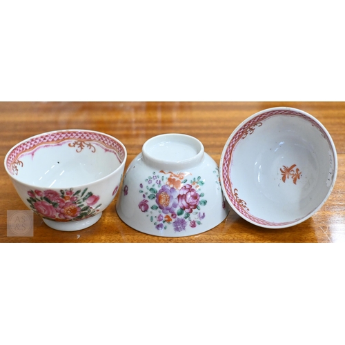 411 - Six 18th and 19th century Chinese famille rose porcelain tea bowls to/w a pair of coffee cans and a ... 