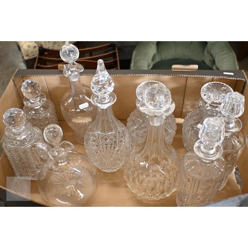 413 - Three pairs of cut glass decanters and four others to/w spare stoppers (box)