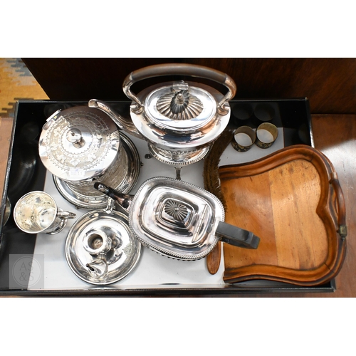 418 - A Victorian epbm half-reeded kettle on stand, teapot, biscuit barrel, chamberstick, Christening mug ... 