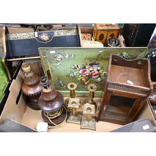 449 - A floral-painted tole tray, an oak tobacco cabinet, gilt and ebonised book-trough, two pairs of 19th... 