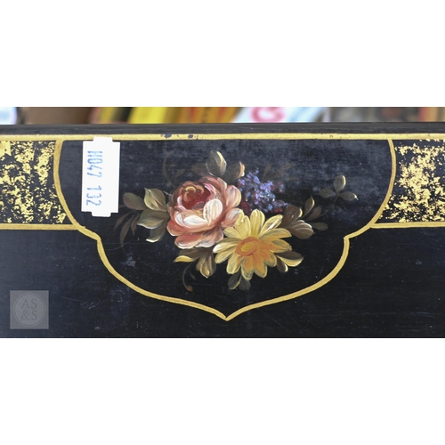 449 - A floral-painted tole tray, an oak tobacco cabinet, gilt and ebonised book-trough, two pairs of 19th... 