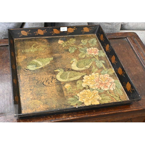 462 - An Asian square lacquered tray decorated with ducks, 54 cm