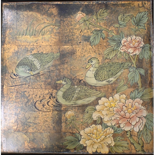 462 - An Asian square lacquered tray decorated with ducks, 54 cm