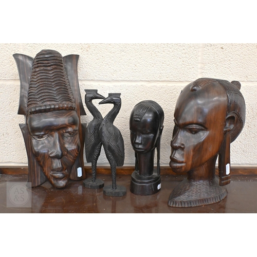 463 - Two Nigerian carved hardwood heads to/w a similar wall-mask and two carved birds c. 1960 (5)