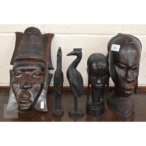 463 - Two Nigerian carved hardwood heads to/w a similar wall-mask and two carved birds c. 1960 (5)