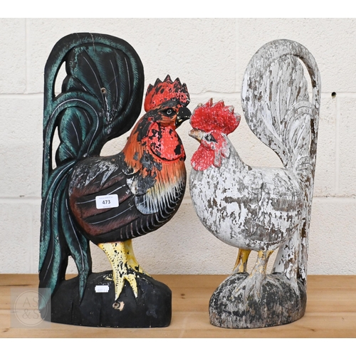 473 - Two painted wood cockerels, 48 cm high (2)